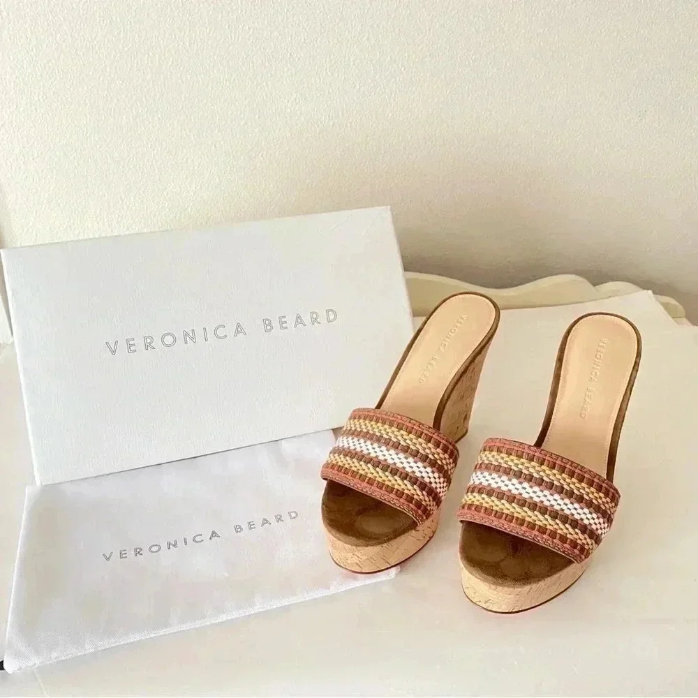 New W/ Box Veronica Beard Dali Multi Woven Raffia Leather Cork Wedge Sandal 9